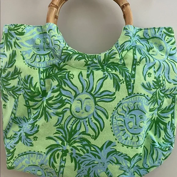 LILLY PULITZER Small Green Tropical Print Bamboo-Handle Tote Bag NWOT - Picture 4 of 6